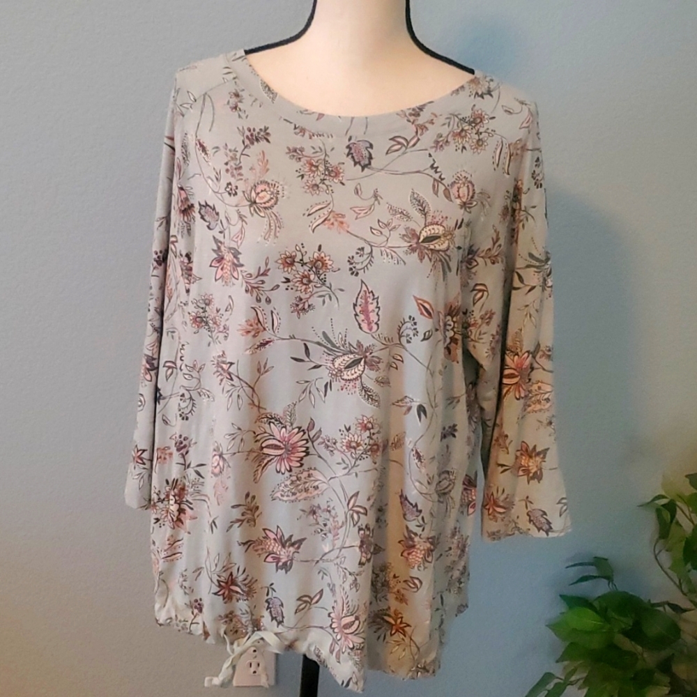 J Jill Tencel cotton pullover mint green floral print 3/4 sleeves Size XL